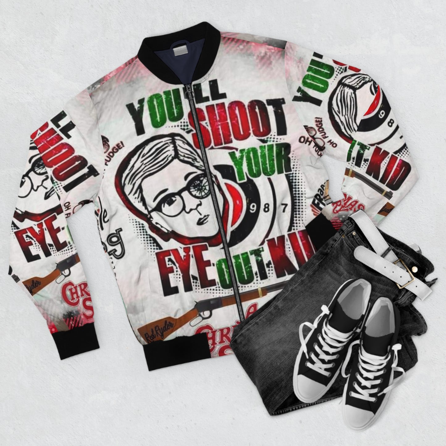 "A Christmas Story" Inspired Bomber Jacket with Iconic Quotes and Graphics