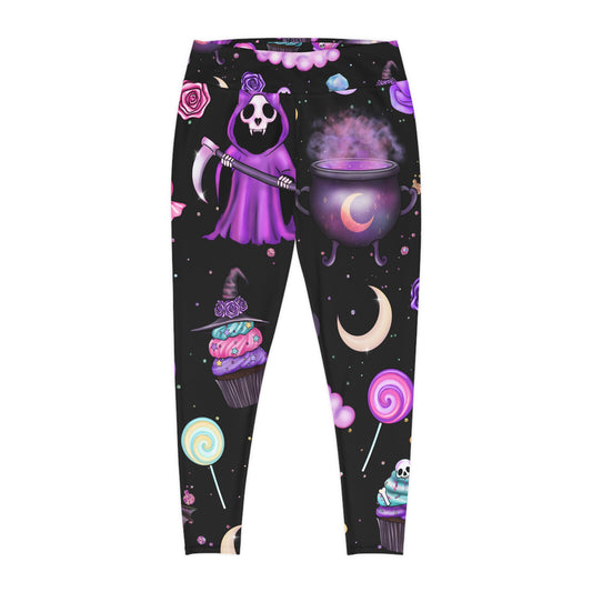 "Spooky Sweets Graphic Leggings with Grim Reaper and Dessert Motifs"